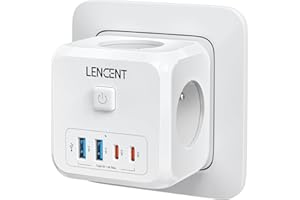 LENCENT Murale Prise Multiple Secteur USB Multiprise Murale, 7 en 1 Multiprise Cube Chargeur USB avec 3 Sorties AC 4000W, 2 Type C et 2 Ports USB, avec Interrupteur Idéal pour Salon Bureau Chambre