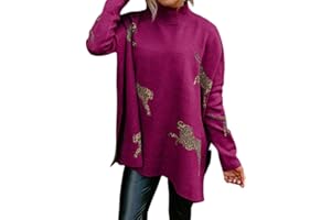 LUREBEST Casual Long Sleeve Top with Retro Tiger and Leopard Print, Women's Turtleneck Sweatshirts, Knit Long Sleeve Side Slit Casual Pullover Sweatshirt Tops
