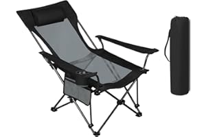 WOLTU Silla Plegable y Reclinable para Camping - Respaldo Ajustable, Tumbona Portátil Ligera para Pesca, Jardín, Playa - Carga de 150 kg, Negro+Gris