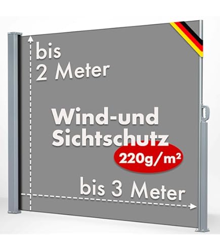 tillvex® Zijmarkies 180 x 400 cm met Afdekking - Uittrekbaar en Ondoorzichtig | Inkijkbescherming voor Balkon, Tuin en Terras | Zijrolgordijn met Wandhouder | Zonwering Luifel van roestvrij Staal