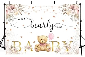 AIBIIN Telón de fondo bohemio para baby shower de 2.1 x 1.5 m para niña con texto en inglés «We Can Bearly Wait», globos rosados, flores, fondo de fotografía, baby shower, accesorios de decoración de