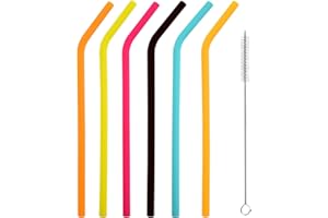 iJiGui 6 Pack Silicone Reusable Straws, with Cleaning Brush, Colourful Drinking Straws, Replacement Straws Reusable Kids Straws for Cocktail, Juice, Milkshake, Soda (6 Bent)