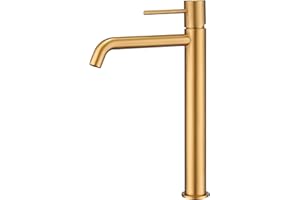 GALYON IMEX Grifo Monomando de Lavabo Alto, Serie Monza BDM039-3, Cartucho Cerámico Ø26 mm, Flexos 3/8" (oro cepillado)