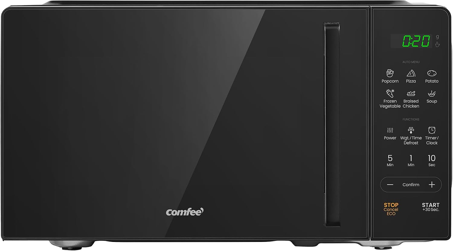 COMFEE' 20L Digital Microwave Oven, 700W Compact Countertop Microwave with Inverter, 6 Auto Menus, Multi-Stage Cooking, ECO Mode, Express Cook, Black - CMO-EM202NF(BK)