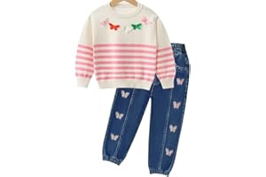 Peacolate Ensemble de vêtements pour filles, vêtements pour filles tenue de frères et sœurs filles pull en tricot de coton à manches longues 2 pièces et pantalon en jean avec motif cœur 4-7 ans
