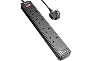 POWSAF Extension Lead with 4 USB Slots (3.4A, 1C and 3A Ports),Power Strip Extension cord with 4 way plug extension Socket and 2M Extension Cable for Home Office Travel holiday essentials,Black
