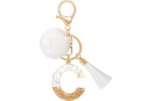 MWOOT Porte Clé Lettre C Peluche Tassel, Initial Résine Personnalisé Keychain Or Blanc, Porte Clef Lettre Pendentif Décoratif, Kawaii Porte Clef Voiture Charm, Idee Cadeau D'Anniversaire pour Femme(C)