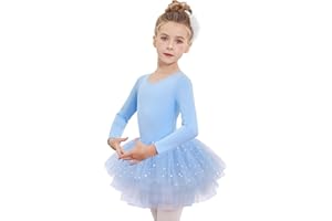 Arshiner Robe de Ballet pour Filles Robe de Danse à Manches Longues Vêtements de Ballet pour Enfants Combinaison en Coton Pailleté Body de Danse avec Tutu Jupe à 4 Couches et Niveaux, 2-11 Ans