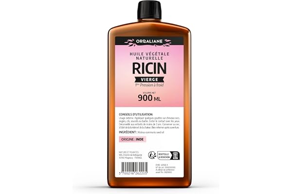 Huile de Ricin 900 ml - Orgaliane - Pure et Naturelle - Barbe, Cheveux, Cils, Ongles, Peau.