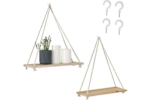 ‎BASE ROOTS Hängeregale für die Wand (2er-Set mit Haken), Holzseilregale, Wandregal, Makramee-Regale, schwebende Regale, Schaukelregal aus rustikalem, recyceltem Holz, Boho Weiß Regale für den Innenbereic