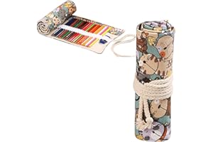 HICAS Custodia per Avvolgere la Matita di Tela,Astuccio24/36/48/72 Fori per Matite Colorate,Astucci in Tela Arrotolabile per Schizzi, Disegni, Scrittura (Gatto,36 Fori)