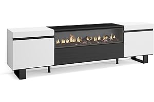 Skraut Home | Mobile TV Soggiorno | Ampio spazio a disposizione | 200x57x35cm | Per TV fino a 80" | Camino elettrico | Design industriale | Stile moderno | Bianco e nero