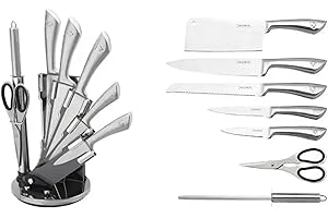 ROYALTY LINE, RLKSS600, Ceppo portacoltelli da 8 pezzi con porta ventaglio, forbici, coltelli in acciaio inox, manici antiscivolo, affilatore incluso - Argento - Misura Standard