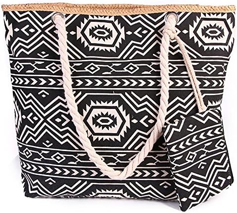 VANCOO Summer Large Canvas Beach Tote Bag with Zip for Women and Girls (Black Totems)