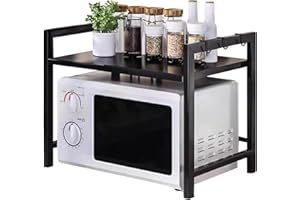 JSUDQR 2 Niveles Soporte Extensible para Horno de Microondas Negro Estanteria para Microondas en Acero al Carbono Organizador Estanteria para Encimera de Cocina con 5 Ganchos Longitud 40-60cm