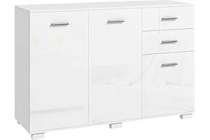 HOMCOM Sideboard, Modern Storage Cabinet with 2 Drawers, 3 Doors and Adjustable Shelves, Kitchen Cabinet for Living Room, Dining Room, High Gloss White