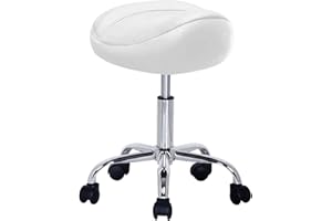 Crisnails® Taburete de Peluquería, Silla de Peluquería, Asiento de Material Cuero Sintético y Diseño Ergonómico, Altura Regulable, Giratorio 360º y Base Estable con 5 Rueditas, Color Blanco