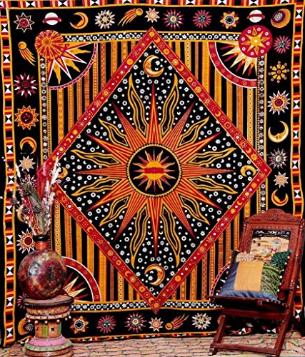 Indian Sun Moon Diamond Wand aufhängen Hippie-Tribal Tapisserie Wand Überwurf von craftozone, Single (220x140 cms)