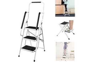 Huini Marchepied escabeau 3 marches avec main courante en acier Escabeau pliable pour la maison et le bureau Charge max. 150 kg