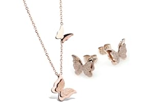 Kim Johanson Edelstahl Damen Schmuckset Schmetterling Halskette mit Anhänger & Ohrringe in Roségold inkl. Geschenkverpackung