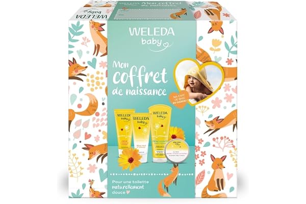WELEDA - Coffret Cadeau Naissance - Soins Douceur Bébé au Calendula – Crème Lavante, Crème Visage, Crème Pour Le Change, Baume intense universel, Cape De Bain Coton Bio, NATRUE, 200ml+75ml+50ml+25g,