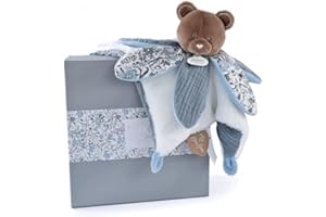 DOUDOU ET COMPAGNIE - Doudou Ours Bleu avec Pétales - Collection BOH'AIME - Boite Cadeau - 27 Cm - Idée Cadeau de Naissance Fille et Garçon - Garantie Doudou Perdu - DC4023