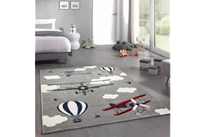 CARPETIA Teppich Kinderzimmer Flugzeuge Doppeldecker Heißluftballon grau blau Creme Größe 140x200 cm