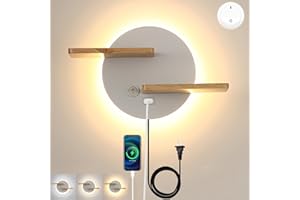 KZT LED Applique Murale Interface avec Interrupteu et interface USB Lampe Murale Bois Éclairage Tricolore Lampe de Chevet avec Étagère Lampe De Lecture pour Salon Chambre Bureau Hôtel Applique, Blanc