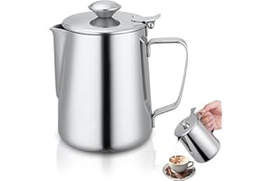 FUERDICH Jarra Leche Barista, Taza De Café Acero Inoxidable, Jarra Para Espumar Leche Con Tapa, Taza Para Espumar Leche Y Café, Para Arte Del Café Con Leche (350ml)
