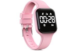 Focwony Digitale Kinderuhr, Schrittzähler, wasserdicht, Fitness-Tracker, Armbanduhr mit Schrittzähler, LED-Anzeige, Stoppuhr für Kinder, Jungen, Mädchen, Teenager (Rosa)