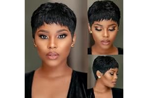 PORSMEER Perruque Cheveux Humain Courte Femme de Couleur Noire,Pixie Cut Bob Perruques Avec Frange Perruque Courte Coupe Lutin Perruque Bresilienne Naturelle sans colle