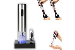 Sacacorchos Eléctrico - Incluye Cortador de Precinto y Base Recargable - Acabado en Acero Inoxidable - Abre hasta 60 Botellas en una Sola Carga - Color Plateado - Silvano