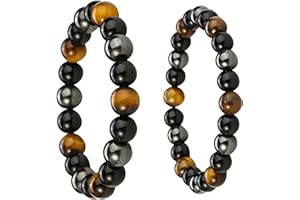 KRISFD Bracelet Triple Protection 2 Pièces Bracelet Obsidienne Noire Pierre Oeil De Tigre Hématite Noire 8 Mm, 10 Mm pour Hommes Et Femmes Cadeau