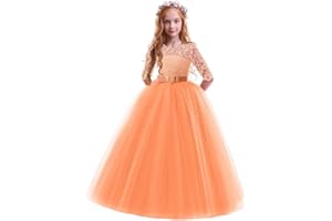 IBTOM CASTLE Flower Girls Lace 3/4 Sleeve Dress Wedding Bridesmaid First Communion Evening Party Floor Length Dress Kids Princess Pageant Birthday Prom Carnival Christmas Ball Gown