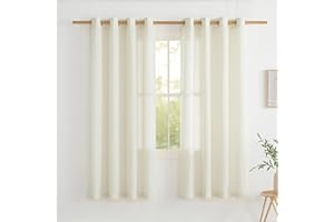 PONY DANCE 55x63-Inch Linen Look Curtains for Bedroom, Eyelet Top Natural Farmhouse Semi Sheer Curtains Privacy Assured Window Treatment Light Reducing for Living Room, Set of 2, Cream Beige