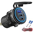 12V USB Outlet Wire USB Charger Multi Port, Dual PD3.0 USB-C and Quick Charge3.0 Car USB Port Socket with Power Switch, Fast Charge for iPhone iPad Android Phones, Suitable for Car Boat RV Marine ATV