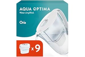 ‎AQUA OPTIMA Aqua Optima Oria Wasserfilterkanne & 9 x 30 Tage Evolve+ Wasserfilterkartusche, 2,8 Liter Fassungsvermögen, zur Reduzierung von Mikroplastik, Chlor, Kalk und Verunreinigungen, Weiß