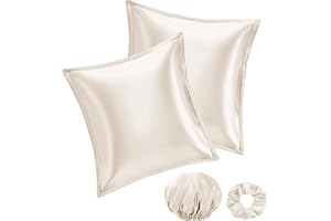 ‎VIELIT Vielit 2 Stück Satin Kissenbezug 80x80 mit Haargummi & Haarhaube Beige, Weich wie Seidenkissenbezug 80x80,Bessere Pflege als Silk Pillosecase,Satin Kopfkissenbezug Kissenhülle für Haar und Haut