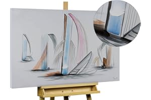KunstLoft Tableau peinture moderne | 100% PEINT À LA MAIN | 100x75cm | Peinture sur toile 'Swelling Sails' | Bateaux | Pastel Blanc | Deco murale salon