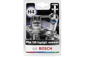 Bosch H4 Plus 120 Gigalight, Lámparas Halógenas para Faro Delantero, 12 V 60/55 W, 120% Más Luz - Casquillo Tipo P43t - Recambio de Luz para Coche, Paquete de 2 Lámparas