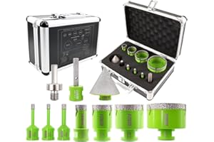 FACHLICH Punte Diamantate Fresa 6/6/8/20/35/50/68mm Trapano Diamantate 10 Pezzi con Alluminio Scatola e 10mm and 50mm Fresa e Adattatore per Porcellana Piastrella Granito Marmo Taglio a Secco