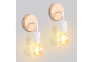 iDEGU Lot de 2 Appliques Murale Interieur Lampes Murale en Métal et Bois E27 Éclairage Mural pour Chambre, Salle de Bains (Support Bois - Blanc)