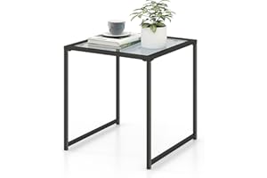 KOMFOTTEU Zewnętrzny stolik boczny z blatem ze szkła hartowanego, stolik kawowy, metalowa rama, obciążenie 30 kg, stół boczny na patio, balkon, do salonu, 43 x 43 x 45 cm, czarny