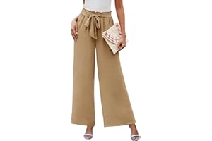 CMTOP Pantalon Femme Fluide Été Pantalon Large Chic et Elegant Pantalon Leger Taille Haute Elastique Palazzo Pants Décontracté Jambe Droite Pantalons Ample avec Poches et Cordon