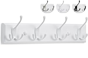 LARHN Appendiabiti da Parete Bianco - 4 Ganci Tripli - 42 cm - Attaccapanni da Muro in Legno per Ingresso, Cameretta e Bagno