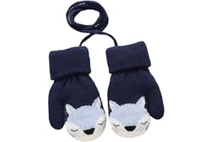 RUIXIA Kids Cute Cartoon Fox Warm Gloves with Hang Neck String Thicken Plush Knitted Gloves Super Soft Lining Full Finger Gloves Winter Thermal Mittens for 2-4 Years Old Boys Girls