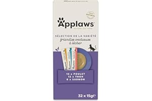 Applaws Friandise Crémeuse à Lécher sans Céréales 100% Naturelle pour Chats et Chatons, Pack Varié, 32 x 15g Sachets