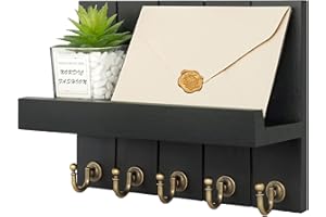 Baoswi Key and Mail Holder for Wall, Key Hanger for Wall with Shelf Wood Wall Shelf with Hooks - 5 Hooks for Wall Decorative Retro Hanging Organiser Rustic Farmhouse Decor for Entryway (Black)