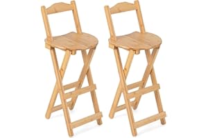 GiantexUK Folding Bar Stools Set of 2, Bamboo Kitchen Stools with Footrest, Portable Counter Breakfast Bar Chairs for Home Bistro Dining Room, Installation Free (with Backrest, 36 x 36 x 84cm)