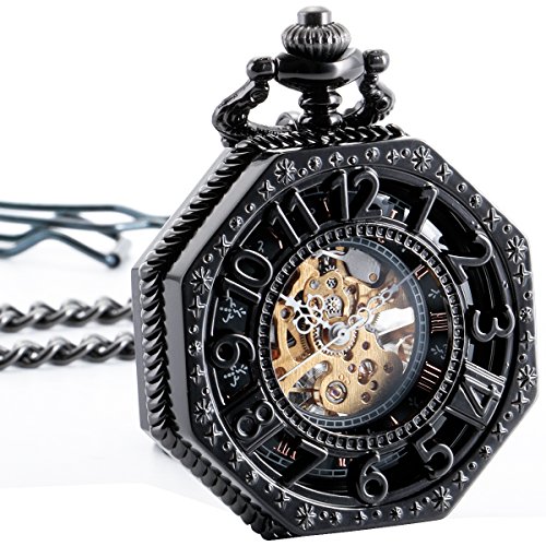 ManChDa® Schwarzer Ton Jahrgang Taschenuhr Spezielle Octagon Fall Steampunk Skelett mechanisch für Männer Frauen mit Kette + Geschenk-Box ManChDa® Schwarzer Ton Jahrgang Taschenuhr Spezielle Octagon Fall Steampunk Skelett mechanisch für Männer Frauen mit Kette + Geschenk-Box